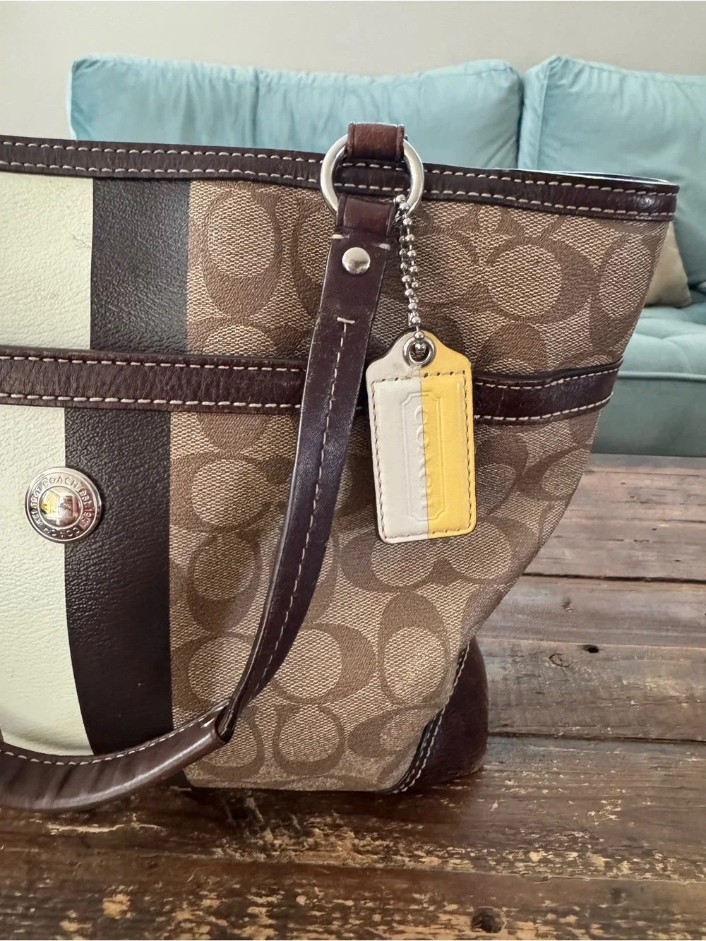 Coach Signature Heritage Stripe Brown, White, & Yellow Tote Bag